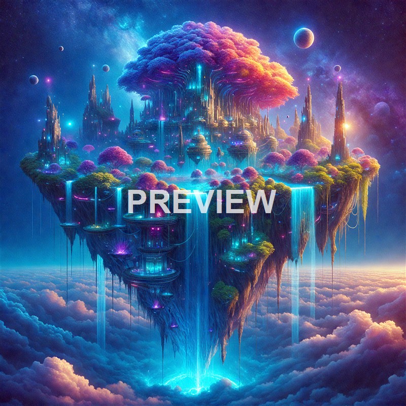 A fantastical floating island with waterfalls, lush trees, and futuristic structures, suspended in a vibrant cosmic sky filled with planets and stars.